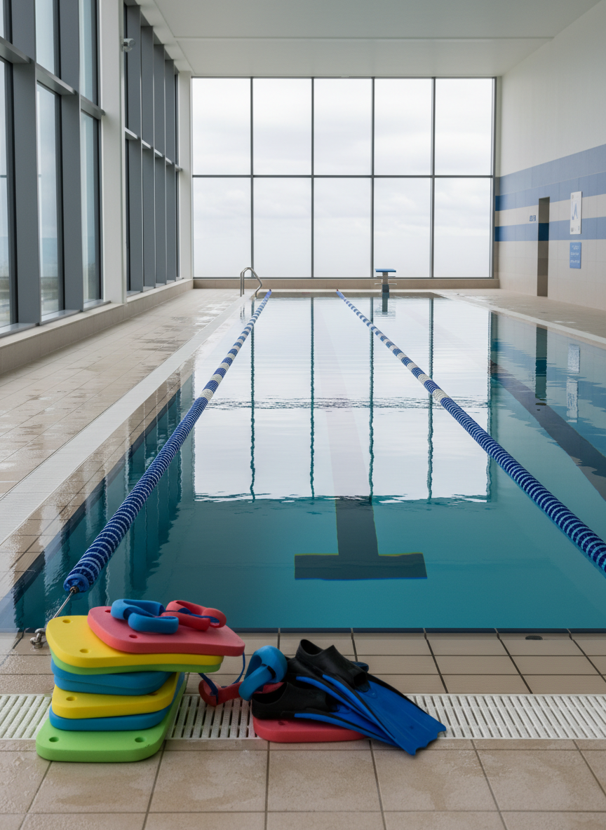 A crystal-clear indoor swimming lane with perfectly still turquoise water, marked by floating lane dividers in alternating deep blue and white. At the shallow end, a neatly arranged collection of brightly colored foam kickboards, pull buoys, and training fins rests on the wet, lightly textured pool deck of pale stone. Large, spotless floor-to-ceiling windows line one side, revealing a soft overcast sky that fills the space with diffused natural light, creating gentle reflections on the water’s surface. Safety signage is implied by clean, color-coded wall panels without readable text. Photographic realism, captured at eye level with sharp focus throughout, conveys a professional, calm, and inviting training environment suitable for all ages.