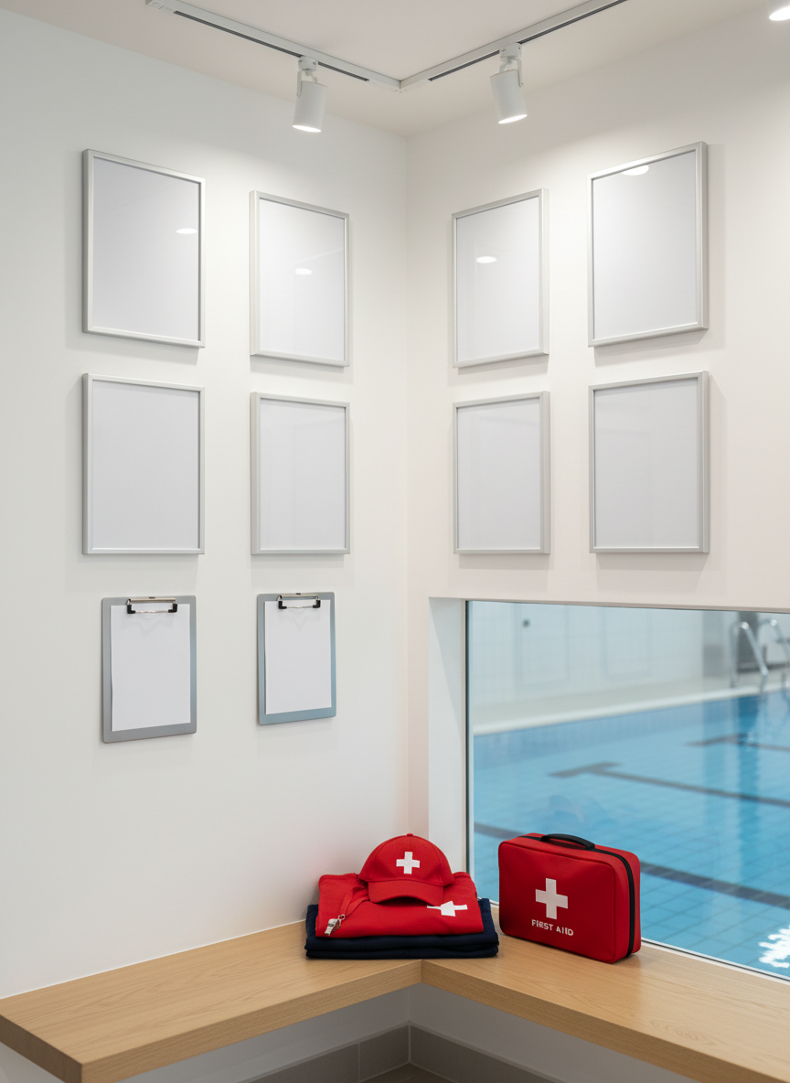 A detailed, eye-level photographic scene highlighting a dedicated safety and qualifications corner in a swimming academy. A smooth white wall displays a symmetrical arrangement of blank, glass-fronted certificate frames and sleek clipboards with indistinct sheets, suggesting professional accreditation without readable text. Below, a polished wooden bench holds a neatly folded lifeguard-style uniform, whistle on a lanyard, and a bright red first aid kit. In the background, through a large interior window, the soft blur of a calm indoor pool with lane markers is visible. Balanced overhead lighting creates a clear, neutral tone with gentle shadows, communicating trustworthiness, meticulous standards, and a serious commitment to swimmer safety in a modern, uncluttered environment.