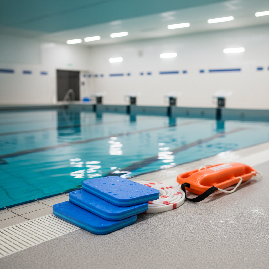 A close-up photographic view of a neatly organized swim training station at the edge of a modern indoor pool. Sturdy foam flotation aids, lane markers, and a bright orange lifeguard rescue tube rest on a non-slip, light gray deck with tiny water droplets glistening on the surface. The pool water beyond is a rich aquamarine, with subtle ripples catching overhead LED lighting, casting soft, rhythmic reflections on the ceiling. In the background, blurred outlines of starting blocks and minimalist tiled walls emphasize a professional teaching facility. Shot from a slightly low angle along the pool edge, with a clean, modern aesthetic and an atmosphere that highlights safety, preparation, and structured learning.