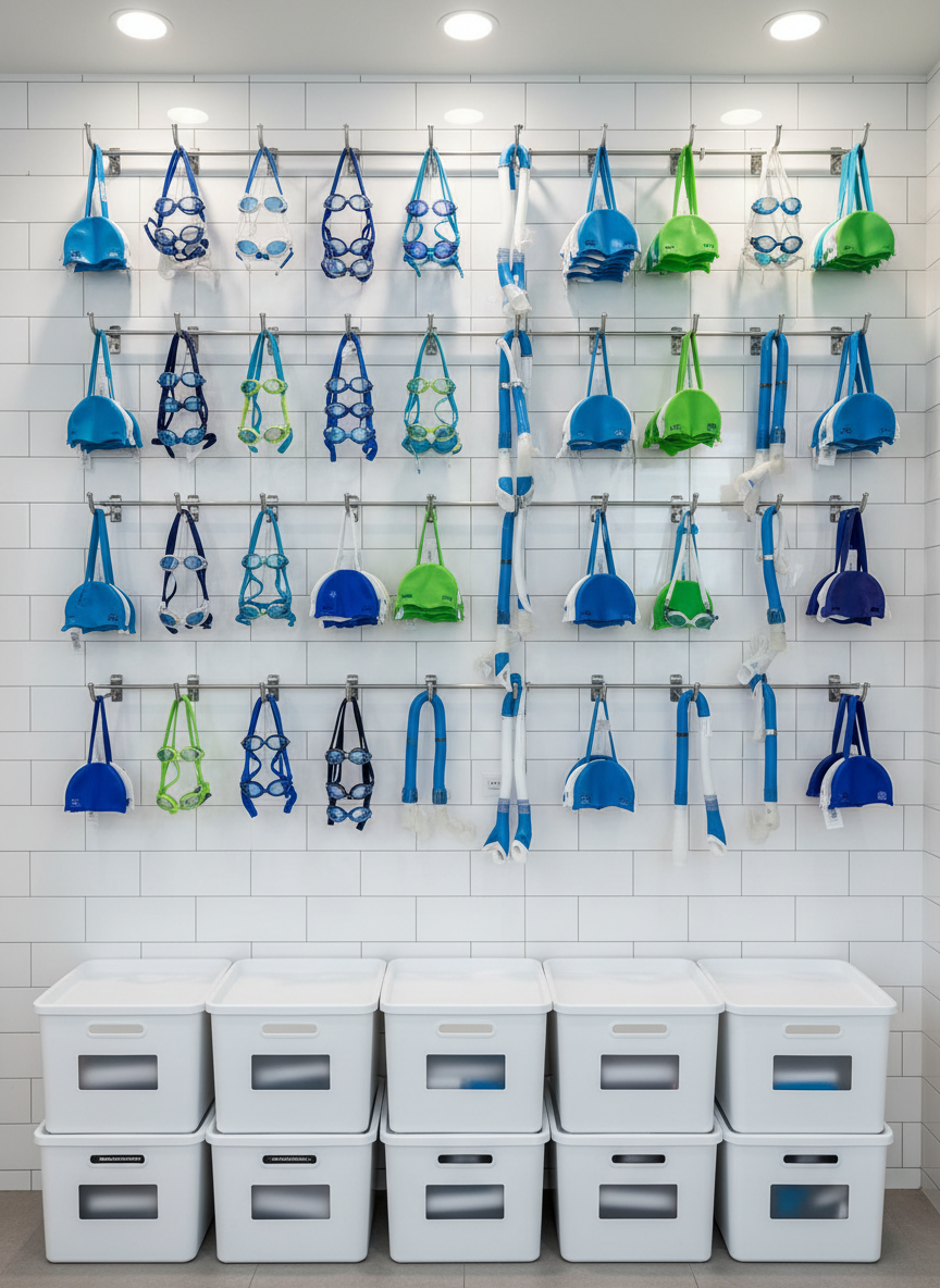 A bright, inviting equipment wall in a swim academy, photographed straight-on for a clean, graphic look. Multiple rows of hooks and shelves hold neatly organized goggles of various sizes, silicone caps, and soft training snorkels, all in coordinated blues, greens, and whites. Below, labeled yet unreadable storage bins suggest separate gear for different age groups and lessons. The wall itself is smooth, matte white tile, contrasting with the glossy plastic and silicone textures. Overhead spotlights and reflected pool light from an unseen window create subtle highlights and soft shadows, emphasizing order and professionalism. The mood is efficient and welcoming, reinforcing the academy’s careful preparation for swimmers from infants to adults without showing any people.