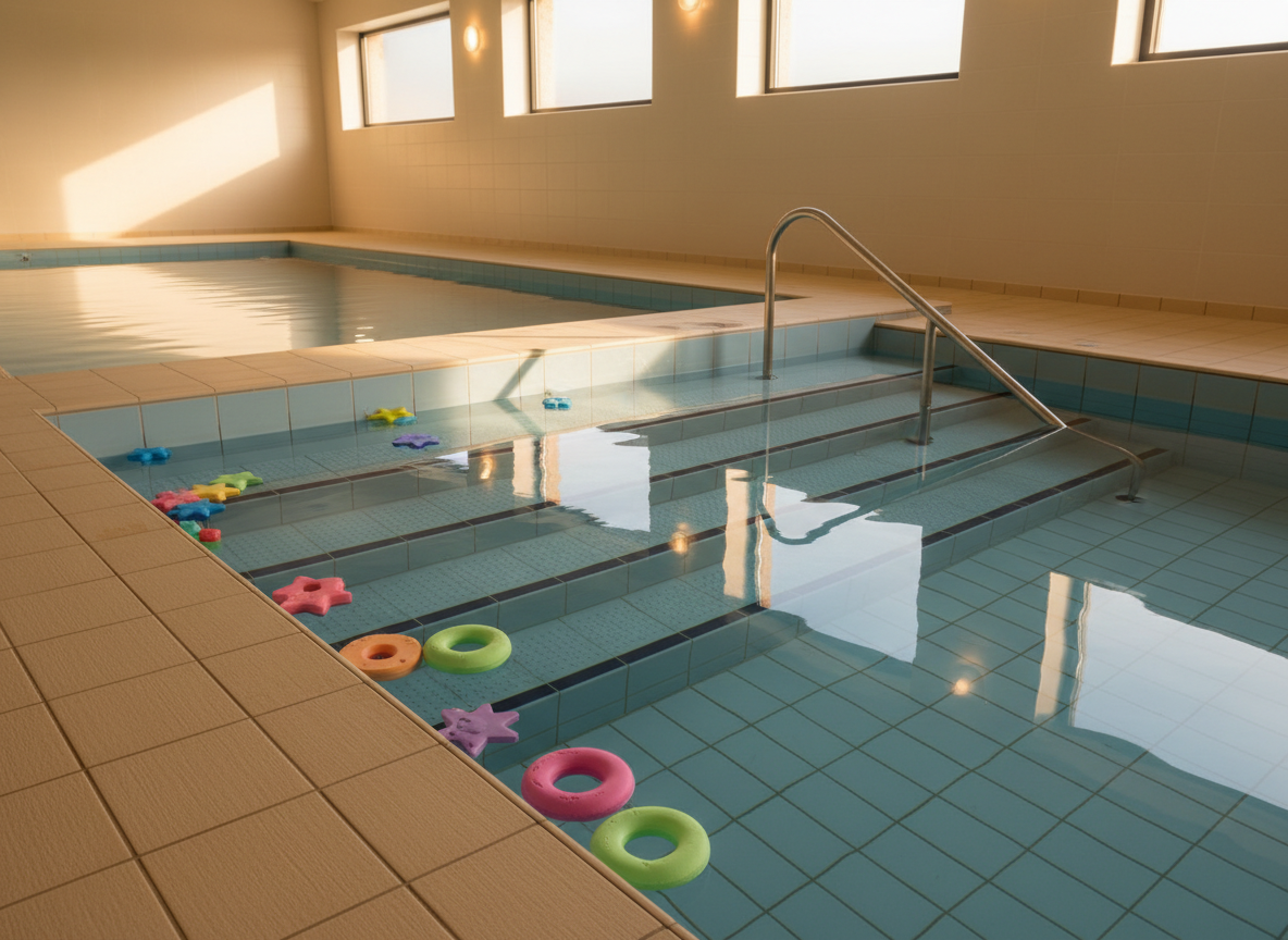 A serene shallow training pool designed for very young swimmers, featuring a gently sloping entry with wide, pale blue steps and a tactile non-slip surface. Colorful, floating foam shapes and soft ring toys cluster near the steps, suggesting playful early water confidence activities. The surrounding area is warm-toned tile, meticulously clean, with built-in handrails curving gracefully into the water. Soft morning daylight filters through high windows, mixing with warm ceiling lights to create a gentle, reassuring glow and faint, wavy reflections on the walls. Photographic realism, captured from a slightly elevated angle, emphasizes the calm, nurturing mood and the thoughtful design of a safe, professional early-years swim environment.