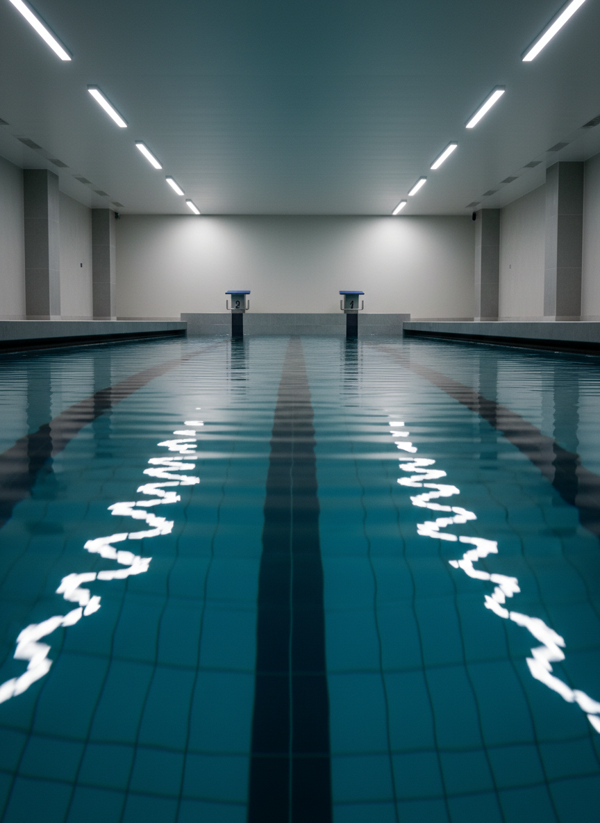 A dedicated adult training lane in a contemporary indoor pool, captured in photographic realism from a low angle just above the waterline. Smooth, tiled lane walls feature discrete distance markings without text, while the surface of the deep teal water shows elongated ripples, suggesting focused, endurance-based swimming practice. At the far end, minimalist starting platforms rise from the deck, their surfaces clean and slightly textured. Overhead, evenly spaced linear lights reflect as bright streaks across the lane, creating a dynamic, purposeful atmosphere. The composition uses strong leading lines, sharp focus, and a cool, professional color palette to emphasize serious skill-building for adult swimmers within a premium, high-performance facility.