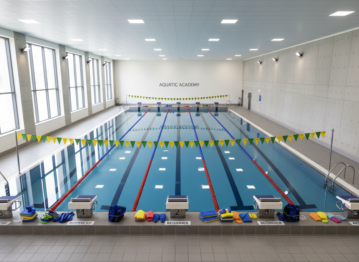 An elevated, wide photographic shot of a full-length indoor training pool set up for structured lessons, with alternating lanes dedicated to beginner, intermediate, and advanced skill development. Floating markers and adjustable-height backstroke flags subtly indicate different practice zones. The surrounding deck features neatly stacked training equipment: kickboards, pull buoys, paddles, and fins grouped by size and color, suggesting progression from child to adult use. Bright, even overhead lighting illuminates the entire space, while large side windows add a cool natural light, creating crisp, clear reflections on the water. The composition uses leading lines from the lane ropes to draw the eye toward a clean, minimal far wall, conveying discipline, progression, and a highly organized, professional academy.